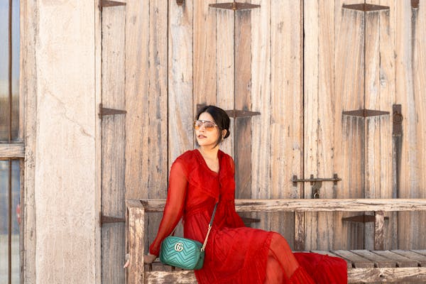 Elegant Women's red dress with a fitted waist